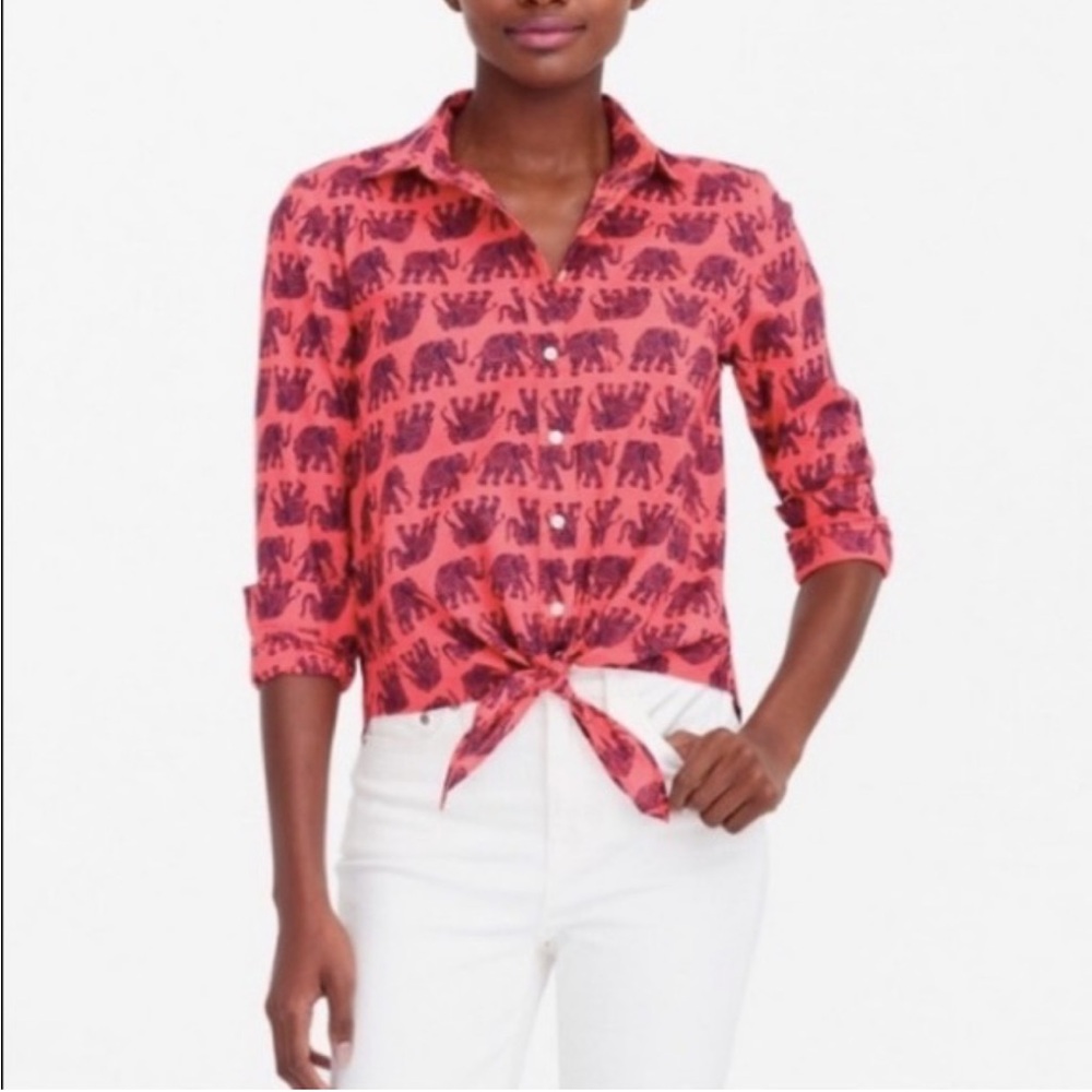 J. Crew Elephant Print Tie-Front Button-Up Top Women’s Medium